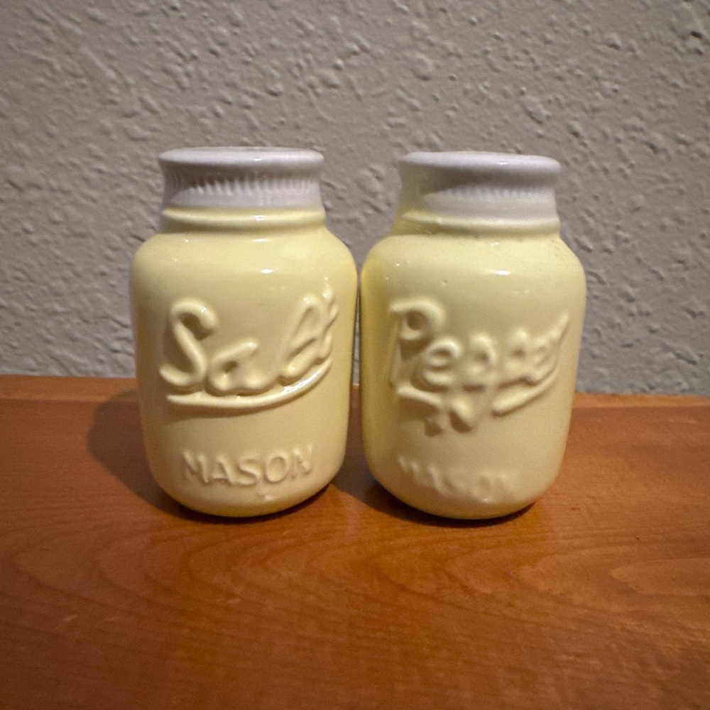 Vintage Ceramic Yellow Mason Jar Salt + Pepper Shakers